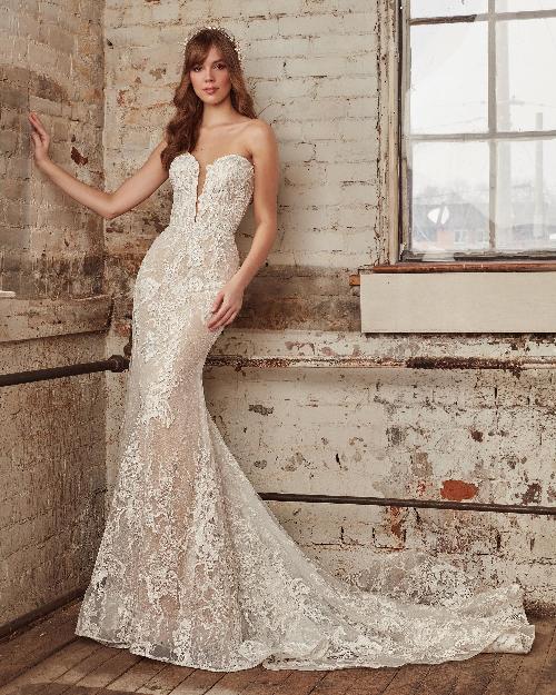 La21237 plunging sweetheart neckline wedding dress with lace and sheath silhouette1